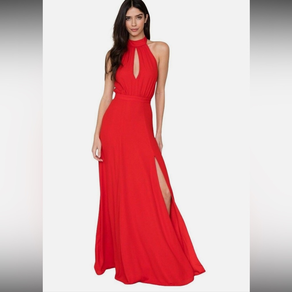 Yumi Kim Vibrant Red Halter Maxi with Front Keyhole and Side Slit